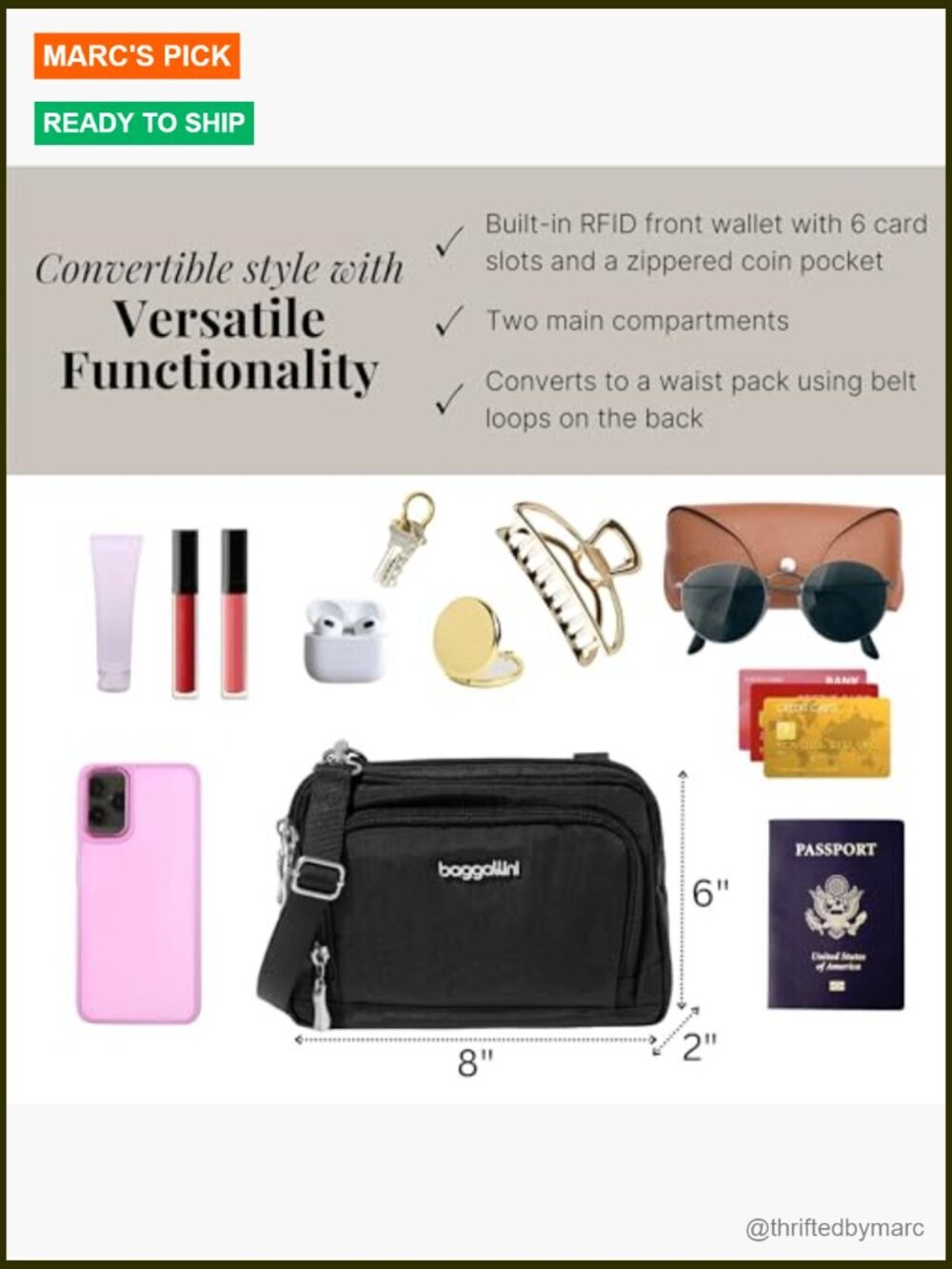Convertible Crossbody Bag with RFID Wallet, Adjustable Strap, Water-Resistant - Picture 4 of 7
